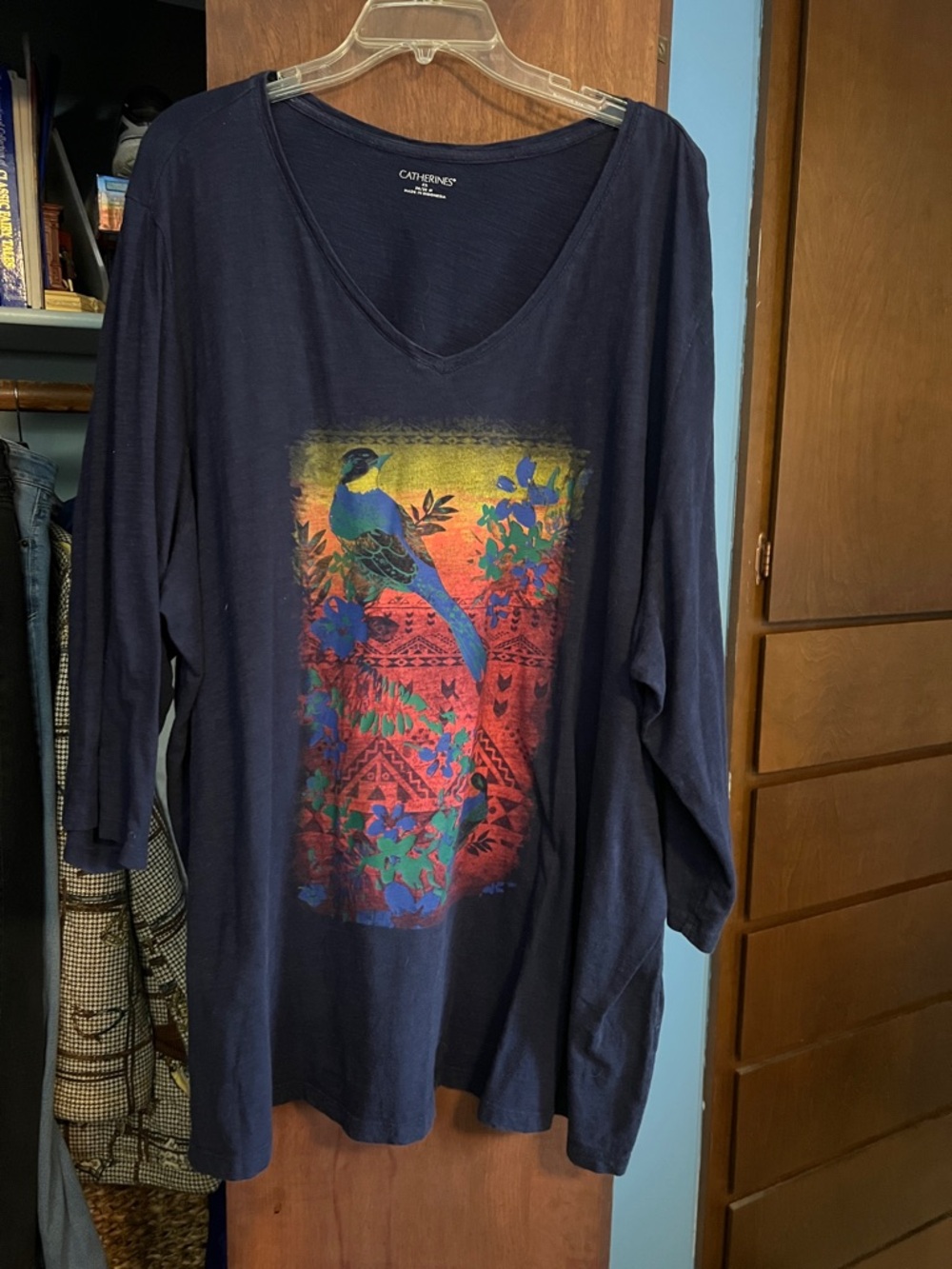 Catherines Navy V-Neck Long Sleeve Tee with Multicolor Bird Graphic